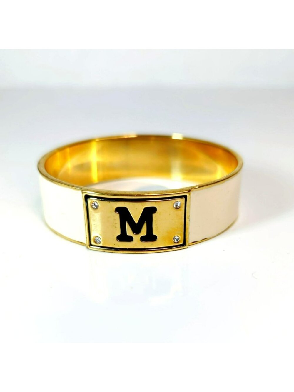 Vintage Letter M Enamel Rhinestone Gold Tone Bangle Bracelet